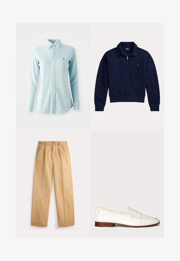 Navyblå langærmet pullover med kvartlynlås og rød broderet logo på venstre bryst.; Lyseblå stribet skjorte med knapper og lange ærmer, udstyret med krave og et lille broderet logo på venstre bryst.; Beige bukser med lige ben, lukning med knap og lynlås, forlommer, bæltestropper og pressede folder ned langs benene.; Hvide læder loafers med en struktureret overflade, rund tå og vævet detalje. Lavt træhæl og minimalistisk design.