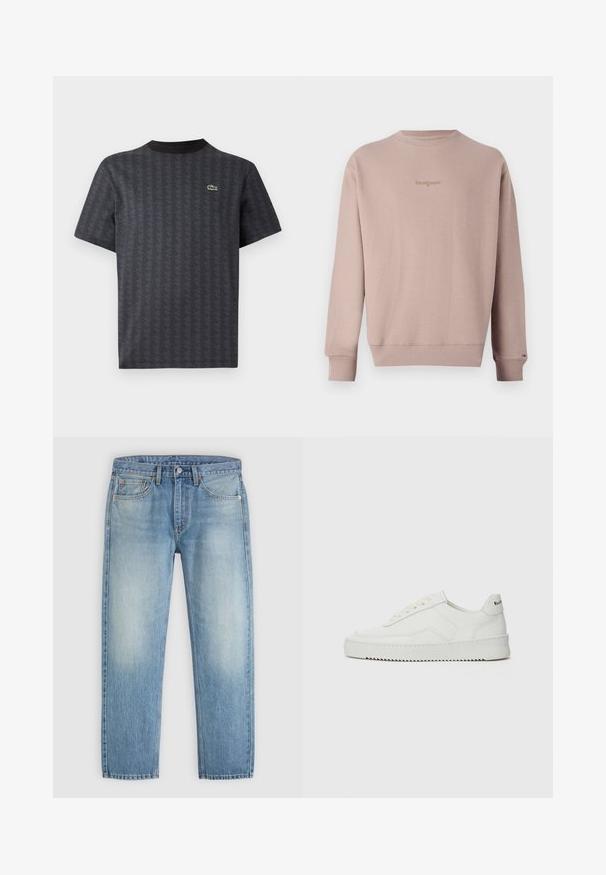 Tommy Jeans SCRIPT CREW - Collegepaita - coastal taupe; Mustikkainen lyhythihainen t-paita, jossa on geometrinen kuvio ja vihreä krokotiililogo, sekä lämmin musta miehustasa.; Vaaleansiniset farkut, joissa on klassinen viiden taskun malli ja haalistuneita alueita reisissä, aseteltuna litteästi neutraalille taustalle.; Valkoinen nahkakenkä, jossa on sileä pinta, pyöreä kärki, tasaiset nauhat ja teksturoitu pohja. Sisältää huomaamattoman logon kantapäässä.