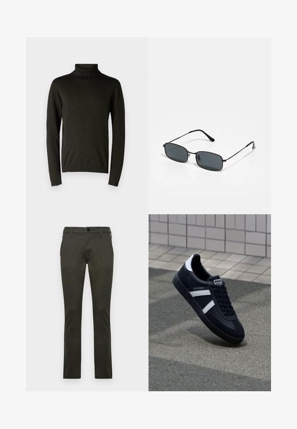 Mørkegrøn turtleneck sweater lavet af blødt strikmateriale, med lange ærmer og ribbede manchetter og kant. Glat tekstur med minimal detaljering.; Khaki chinos med en slank pasform, lavet af blødt bomuldsstof. Har en standard knaplukning og bæltestropper. Flad frontdesign.; Sort lædersneaker med hvide striber, tekstureret gummisål og snørrebånd foran. Har et brandet mærke på tungen.; Sorte rektangulære solbriller med tynd metalramme og mørke linser, der hviler på en hvid overflade.