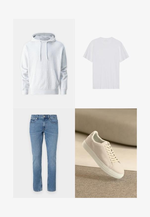 Haut à capuche gris en tissu doux, doté d'une poche kangourou, d'une capuche avec cordon de serrage et de poignets côtelés aux manches et à la taille.; T-shirt en coton blanc à manches courtes, col rond et texture lisse. Présente un branding minimal au niveau du col.; Jean en denim bleu à jambes droites avec poches avant, passants de ceinture et fermeture à bouton.; Baskets en suède beige avec semelle et lacets blancs, présentées en suspension au-dessus d'un tapis beige texturé sur fond beige doux.