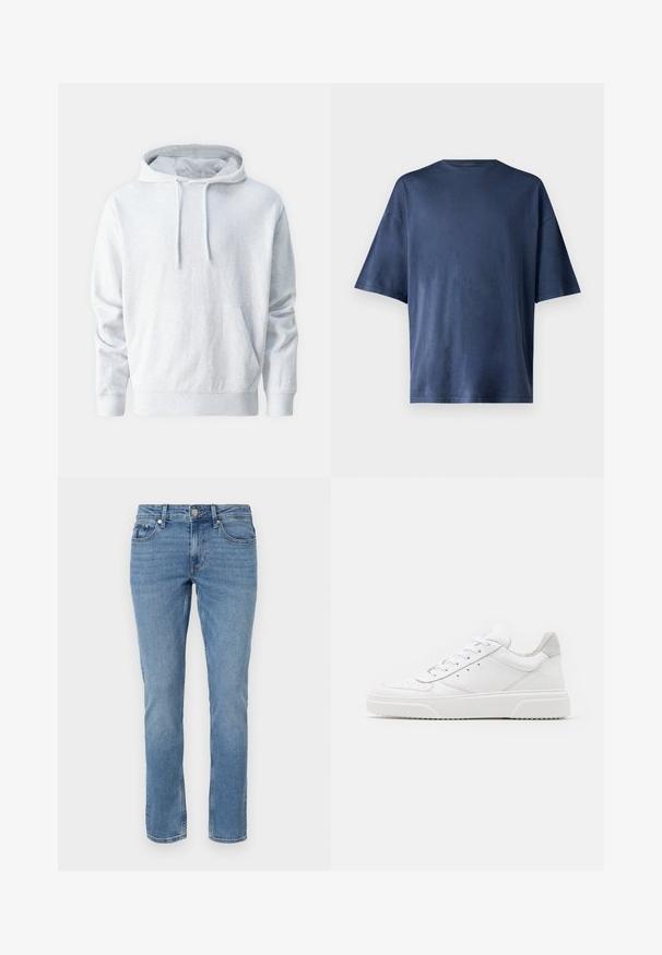 Grå pullover hoodie lavet af blødt stof, med en kengurulomme, snoretræk i hætten og ribbede manchetter ved ærmerne og livet.; Marineblå kortærmet T-shirt, lavet af blødt stof, har en klassisk rund hals og løs pasform, uden synlige mønstre eller accenter.; Blå lige ben denim jeans med for lommer, bæltesløjfer og knaplukning.; Hvide lædersneakers med en glat finish, rund tå, flade snørebånd og en struktureret sål. Grå ruskindsdetalje ved hælen.