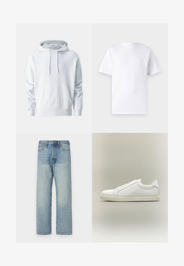 Sudadera gris de felpa suave, con un bolsillo canguro, capucha con cordón y puños acanalados en las mangas y la cintura.; Camiseta blanca de manga corta hecha de algodón con cuello redondo, que presenta una textura suave y un diseño simple sin patrones ni acentos.; Jeans de mezclilla azul claro con un diseño de pierna recta, cinco bolsillos y herrajes en bronce. Mínima decoloración con un acabado limpio.; Zapatilla blanca de perfil bajo con cordones en la parte delantera y suela gruesa, mostrada de lado sobre un fondo neutro.
