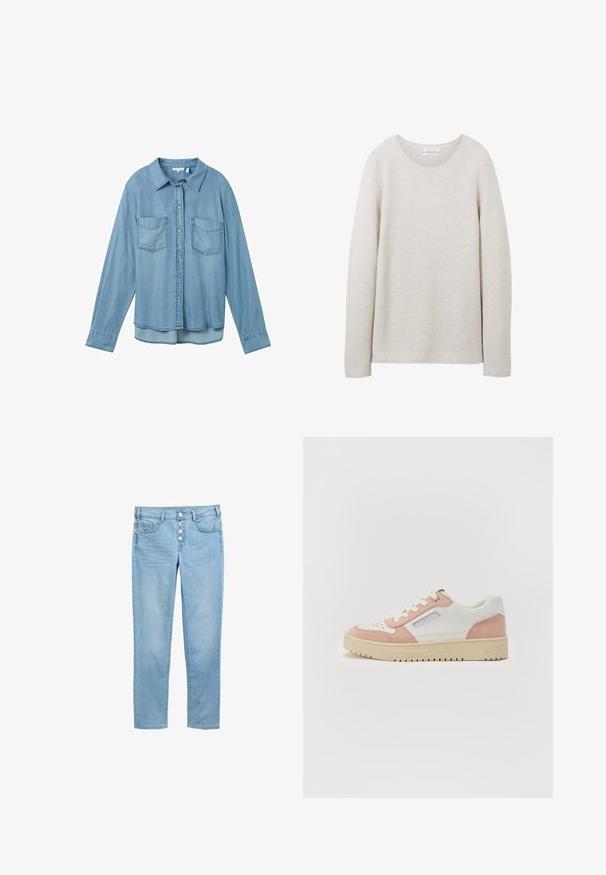 Lys beige langærmet sweater med rund halsudskæring, tekstureret ribbet design og lige kant. Blødt stof med subtile striber.; Lysblå denimskjorte med lange ærmer, knaplukning og to forlommer. Har en klassisk krave og en let buet kant.; Lyseblå denim jeans med en tætsiddende design, fem lommer og en knaplukning med fem synlige knapper. Glat tekstur og klassisk snit.; Hvide og lyserøde sneakers i glat læder og ruskind, rund tå, flad sål og tonale snørebånd. Har sidebranding-detalje.
