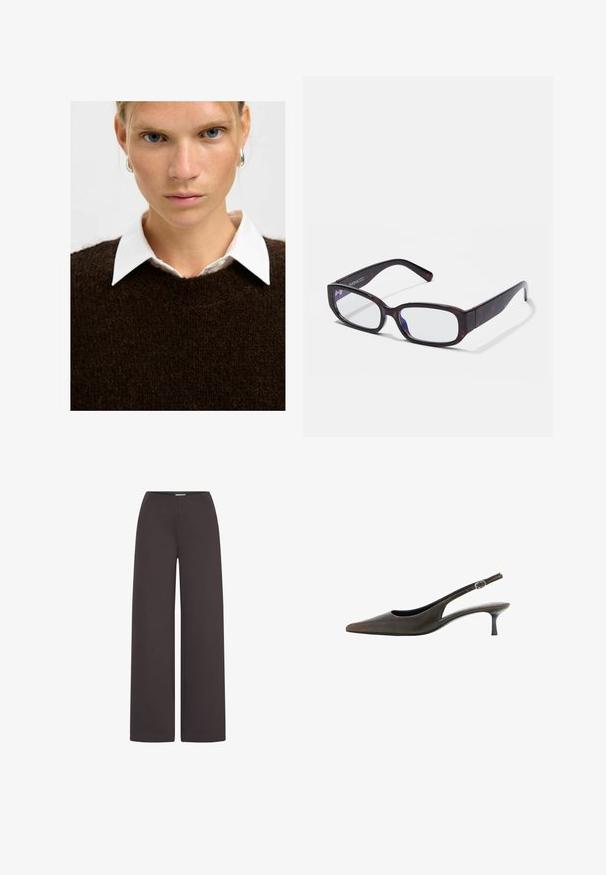 Suéter marrón texturizado con un escote amplio sobre una camisa blanca con cuello. Primer plano de la cara y parte superior del cuerpo de una persona, con expresión neutra.; ICHI IHKATE WIDE PA2 - Pantalones - chocolate torte; Zapato slingback de cuero negro con puntera puntiaguda, tacón bajo estilo kitten y una pequeña correa ajustable con hebilla.; Gafas rectangulares de carey marrón con lentes transparentes y patillas elegantes, que muestran una textura suave y un diseño minimalista.