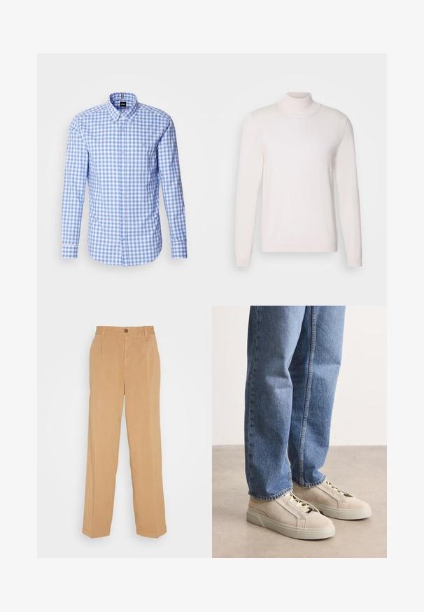 Lichtroze coltrui met lange mouwen, een zachte textuur, ribbelkraag en manchetten, met een klassieke, getailleerde uitstraling.; Blauw en wit geruit overhemd met lange mouwen, knoop-onderkraag en geborduurd logo op de borst. Soepele katoenen stof.; Beige wijde broek van zacht materiaal, voorzien van twee voorzakken, een knoopsluiting en plooidetails langs de benen.; BOSS GARYTENN_SDHDEL - Sneakers laag - natural ten