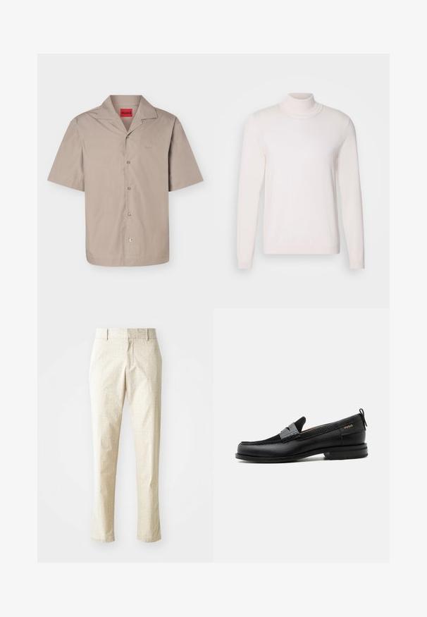 Pull à col roulé rose clair avec des manches longues, texture douce, col et poignets côtelés, présentant un design classique et ajusté.; Chemise beige à manches courtes avec boutons et col campagnard, portant une étiquette rouge "HUGO" à l'intérieur du col.; Pantalons ajustés beige clair avec un motif texturé, coupe droite, et taille mi-haute, dotés de passants de ceinture et sans poches visibles.; Mocassin en cuir noir avec détail de bride grise, talon bas et semelle texturée, marqué "HUGO" en or sur le côté.