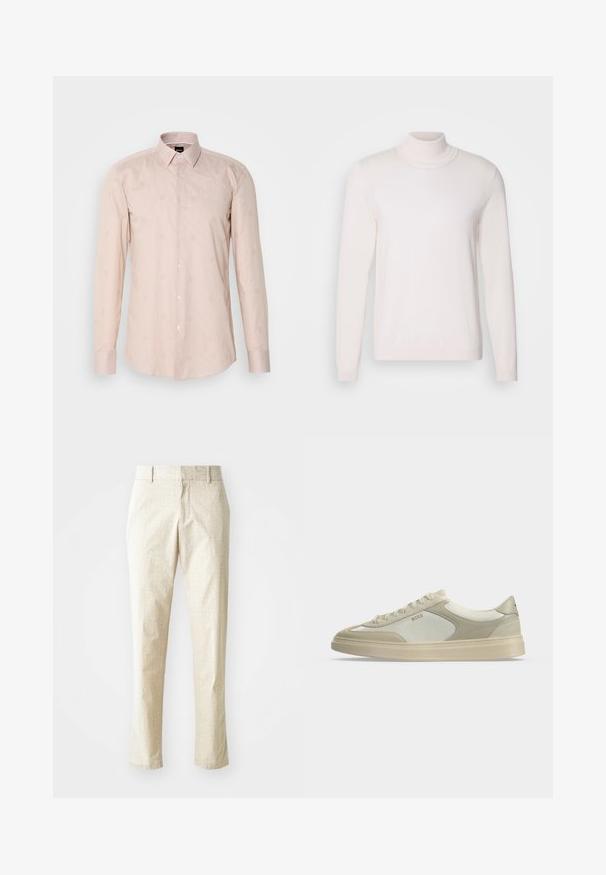 Pull à col roulé rose clair avec des manches longues, texture douce, col et poignets côtelés, présentant un design classique et ajusté.; Chemise à manches longues rose clair avec un col à boutons, un motif rayé subtil et des motifs circulaires brodés.; Pantalons ajustés beige clair avec un motif texturé, coupe droite, et taille mi-haute, dotés de passants de ceinture et sans poches visibles.; Baskets basses beige et blanc cassé avec lacets, détails en daim et logo "BOSS" sur le côté, présentées de profil sur un fond uni.