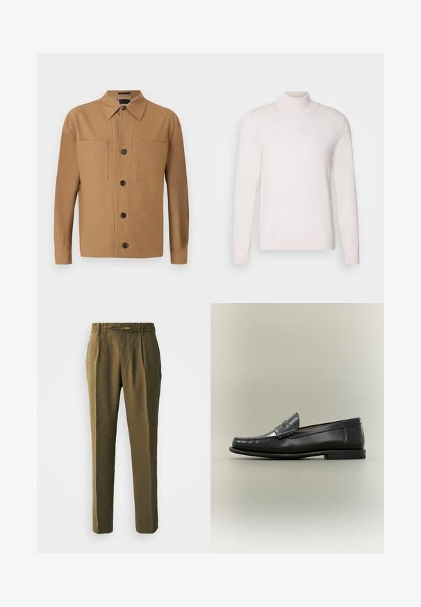 Suéter de cuello alto en rosa claro, con mangas largas, textura suave, cuello y puños acanalados, que presenta un diseño clásico y ajustado.; BOSS CRAIG - Camisa - medium beige; Pantalones verde oliva hechos de material suave, con un corte holgado, frente plisado y una cinturilla elástica con un cordón a juego.; Mocasín de hombre de cuero negro con diseño moc-toe, tira de tipo penny y tacón bajo sobre fondo neutro.