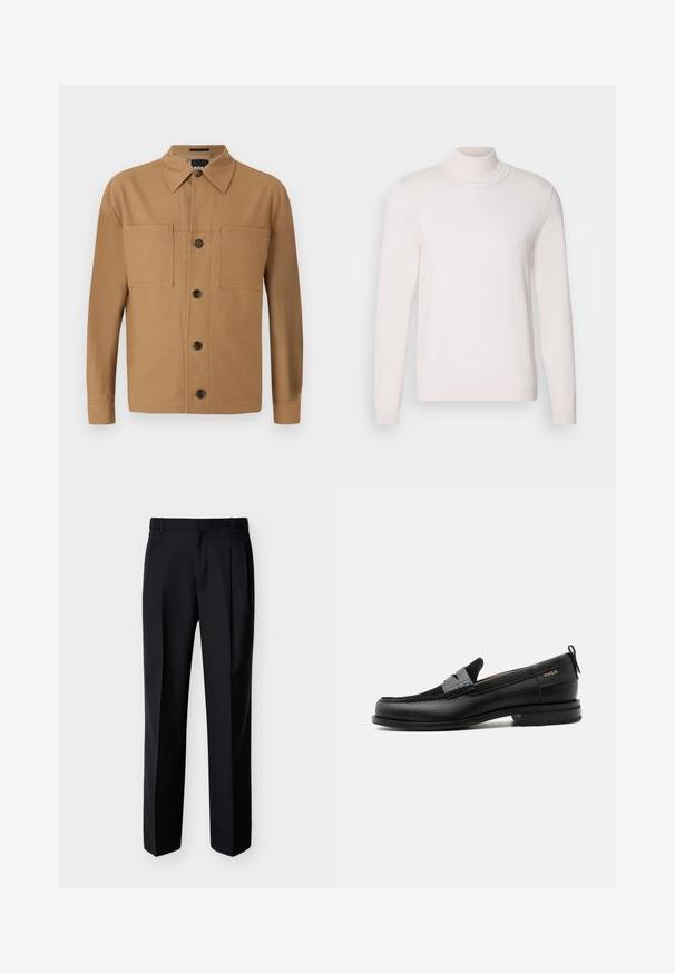 Lyserød rullekravesweater med lange ærmer, blød tekstur, ribbet krave og manchetter, der har et klassisk, tætsiddende design.; BOSS CRAIG - Skjorter - medium beige; Sorte skræddersyede bukser med lige snit, foldet forstykke og sidelommer. Fremstillet af et glat, let stof med et ensartet mønster.; Sort læderloafer med grå remdetalje, lav hæl og tekstureret sål, mærket med "HUGO" i guld på siden.