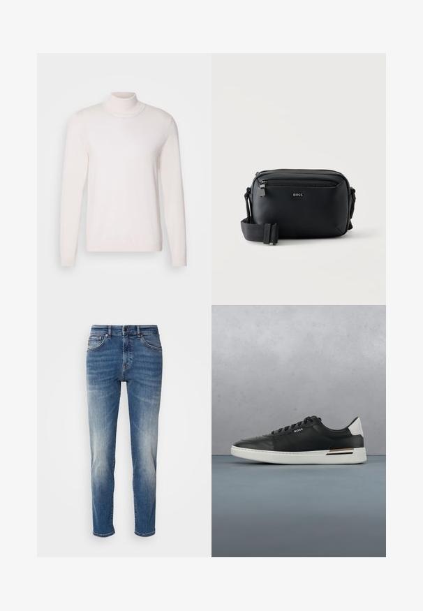 Lyserød rullekravesweater med lange ærmer, blød tekstur, ribbet krave og manchetter, der har et klassisk, tætsiddende design.; Blå denimjeans med lige ben, let falmet finish, klassisk fem-lomme-design og lynlås med knaplukning.; Sort lædersneaker med hvid sål, har perforeringer, snørebåndsdesign, logo på siden og kontrasterende hældetalje i hvid og brun.; Sort læder crossbody-taske med lynlåslomme foran og justerbar stofrem, mærket med "BOSS" logo foran.