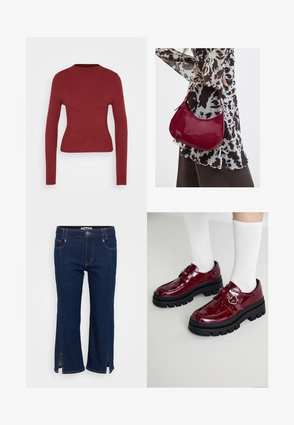 Getailleerde, geribbelde, lange mouwen trui in donkerrood met ronde hals, weergegeven op een neutrale lichte achtergrond.; Diepblauwe denim cropped jeans met zijknipsels aan de zoom, contrasterende oranje stiksels en een knoopsluiting bij de taille.; Bordeaux patent leren schoenen met een dikke zwarte zool, dubbele band met hartdetail en geribbelde witte sokken. Retro ontwerp met dikke grip.; Vrouw met een zwart-wit gebloemde blouse houdt een glanzende rode schoudertas vast tegen een effen achtergrond.
