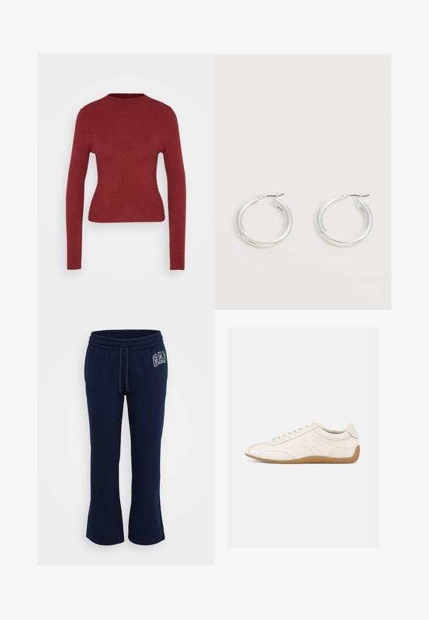 Getailleerde, geribbelde, lange mouwen trui in donkerrood met ronde hals, weergegeven op een neutrale lichte achtergrond.; GAP Petite HERITAGE - Trainingsbroek - navy; Witte leren sneaker met een gladde textuur, ronde neus en tonale stiksels. Voorzien van een tankleurige rubberen zool en vetersluiting.; Een paar middelgrote glanzende zilveren oorringen met dunne metalen sluitingen op een lichte neutrale achtergrond.