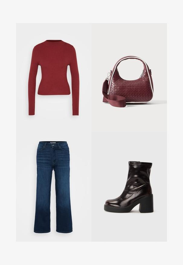 Tumene, soonilise, pika varrukaga sviiter tumepunases värvitoonis, ümmarguse kaelusega, esitatud neutraalsel heledal taustal.; ONLY Petite ONLMADISON BLUSH WIDE - Wide leg - dark blue denim; Särava must kottking, millel on paks plokk-konts ja ümar varvas, sujuv nahast ülemine osa koos peente õmbluse detailidega.; Väike bordoopunutud nahkkäekott kumerate käepidemete, valgete äärte, hõbedase tõmblukuga ja eemaldatava laiast kangast õlarihmaga lihtsa taustaga.