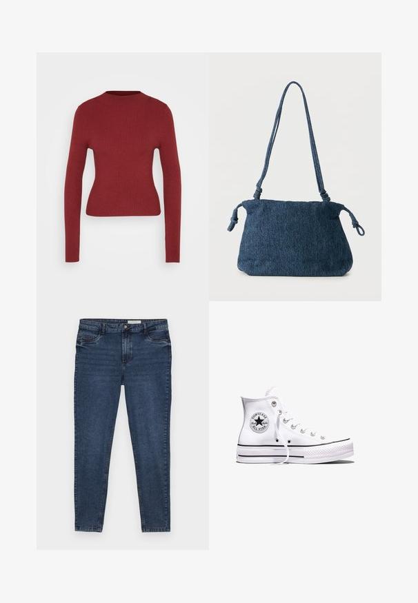 Tumene, soonilise, pika varrukaga sviiter tumepunases värvitoonis, ümmarguse kaelusega, esitatud neutraalsel heledal taustal.; Tumedatest sinised denim püksid slim-fit lõikega, viie taskuga disain ja kuldne õmblus. Omab luku ja nööbi sulgemist. Sile tekstuur.; Valged kõrgete säärega Converse Chuck Taylor All Star tossud mustade triipude ja logoplaadiga küljel, esitatud ühevärvilise valge tausta ees.; Tumesinis teksariidest õlakott sõlmitud rihmaotstega ja lihtsa ristkülikukujulise vormiga valgel taustal.