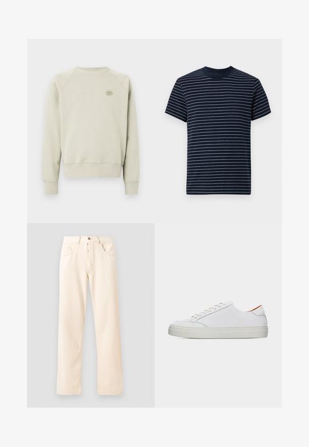 Hellgraues Sweatshirt mit Rundhalsausschnitt, Raglanärmeln, gerippten Bündchen und einem kleinen gestickten Logo auf der Brust. Weiche Textur, lockere Passform.; Marineblaue Kurzarm-T-Shirt mit dünnen weißen horizontalen Streifen und rundem Ausschnitt, dargestellt vor weißem Hintergrund.; Helle beige Denim-Jeans mit geradem Bein, fünf Taschen und einer Knopfverschluss vorne. Nähte sichtbar entlang der Nähte.; Weißer Leder-Sneaker in niedriger Ausführung mit Schnürung vorne, dicker Sohle und minimalen Nahtdetails vor einem schlichten hellen Hintergrund.
