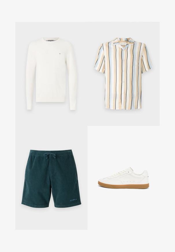 Hvid strikket sweater med lange ærmer, rund halsudskæring og subtilt tekstureret mønster. Har et lille logo på brystet.; Kortærmet skjorte i beige, lyseblå og sorte lodrette striber. Har en krave og en brystlomme med knaplukninger.; Mørkegrønne kordfløjsbadetights med elastisk talje og snøre. Har logo på den nederste højre ben. Glat tekstur, knælangt design.; Hvid lavtop-sneakers med gummisål, snørelukning og "Tommy Hilfiger"-branding på siden.
