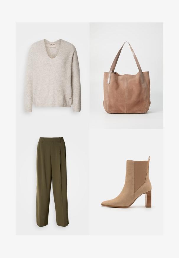 Pull léger beige avec un décolleté en V, des manches longues et un tissu légèrement texturé. Présente un petit accent logo sur le côté.; Pantalons à jambes larges vert olive en tissu lisse, dotés d'une taille haute, de plis sur le devant et de poches latérales pour plus de fonctionnalité.; Bottes chevilles beiges en daim avec des panneaux latéraux élastiques, bout pointu et un talon bloc rayé. Comprend une languette à l'arrière.; Anna Field by Zalando LEATHER - Cabas - taupe