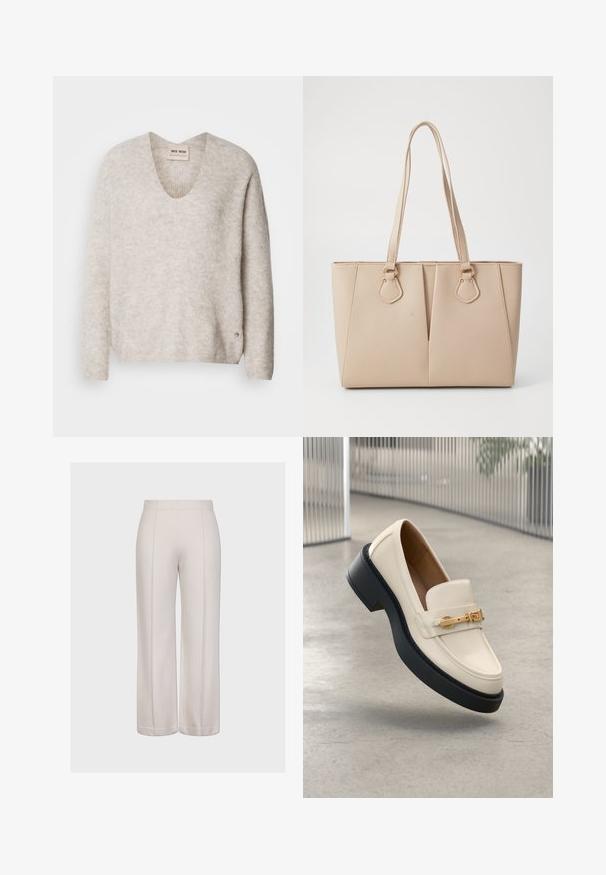 Suéter beige claro con cuello en V, mangas largas y una tela ligeramente texturada. Presenta un pequeño logo en el costado.; Pantalones de pierna ancha en tela beige claro con una textura suave. Presenta dos costuras verticales y un corte limpio y uniforme en el dobladillo.; Mocasín color crema con suela negra y detalle de hebilla dorada, colocado en ángulo hacia arriba sobre un fondo de suelo de concreto gris claro.; Bolso tote beige hecho de cuero sintético texturizado, con asas dobles y adornos en dorado. El diseño incluye un detalle frontal dividido.