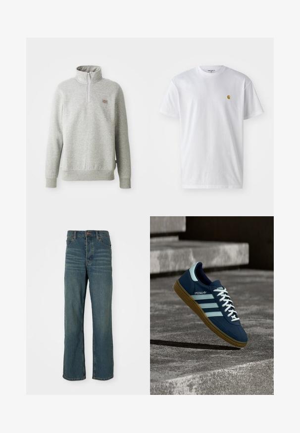Halli halliga hall pullover, millel on kõrge kaelus, neljandik-sihik ja soonikuga mansetid. Vasakul rinnal on väike logopaik.; Valge puuvillane t-särk lühikeste varrukatega, ümmargune kaelus, millel on väike kuldne logo vasakul rinnal. Pehme tekstuur ja regulaarne lõike.; Sinised denim teksad sirge jala disainiga, millel on viis taskut, nööpkinnitus ja kergelt pleekinud esiosa.; Sinine Adidas Spezial tennisk, valgete triipude ja paeltega, kummist tallaga, hõljub kareda betoonpinna ja sammude kohal taustal.