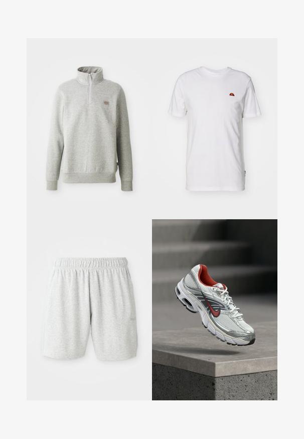 Sudadera gris de cuello alto con cremallera en la parte delantera de un cuarto y puños acanalados. Presenta un pequeño parche con logo en el lado izquierdo del pecho.; Camiseta de algodón blanca con mangas cortas y cuello redondo. Presenta un pequeño logotipo colorido en la parte izquierda del pecho. Textura suave.; Pantalones cortos de algodón grises con una cintura elástica, que presentan una textura suave y bolsillos laterales. Detalle sutil del logo en el dobladillo.; Zapatilla de running Nike blanca y plateada con detalles en rojo flotando sobre un saliente de hormigón, mostrando los detalles laterales y de la suela.