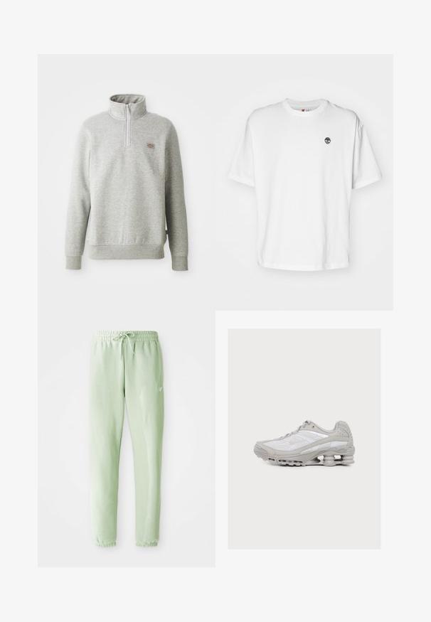 Grauer Pullover-Sweatshirt mit hohem Kragen, Viertelreißverschluss vorne und gerippten Bündchen. Verfügt über ein kleines Logopatch auf der linken Brust.; Weißes Baumwoll-T-Shirt mit rundem Halsausschnitt und kurzen Ärmeln, sowie einem kleinen schwarzen Baum-Logo auf der linken Brust. Weicher Stoff, lockere Passform.; Helle grüne Jogginghosen aus weichem Baumwollstoff, mit einem elastischen Bund und Kordelzug, schmal zulaufenden Beinen und gerüschten Bündchen.; Hellgrauer und weißer Sportschuh mit sichtbarer federartiger Dämpfung in der Sohle und einem Obermaterial aus Mesh-Gewebe.