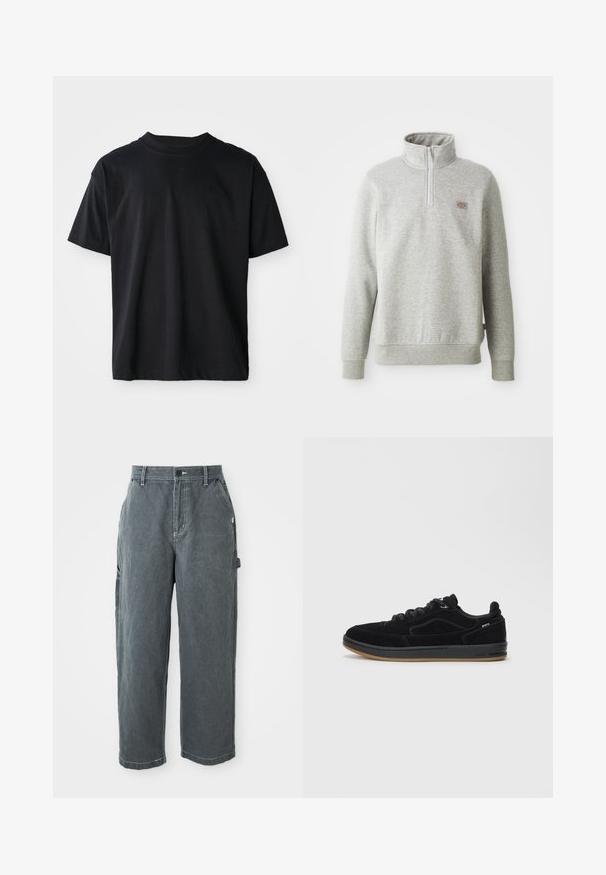Grå sweatshirt med høj krave, kvart lynlås foran og ribbede ærmer. Har et lille logo patch på venstre bryst.; Sort crew neck T-shirt lavet af bomuld. Korte ærmer, standard pasform, ingen synlige mønstre, minimalistisk design med en diskret logo detalje.; Mørkegrå lige ben arbejdsbukser med bæltestropper, frontknap og lynlås, sidelommer og en hammerløkke på højre ben.; Sorte ruskinds-sneakers med en glat gummisål, der har et lavt design, runde snørebånd og subtile syningsdetaljer.