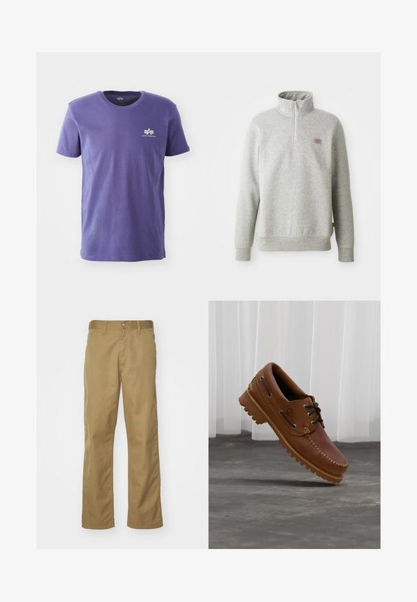 Sweatshirt gris à col montant, avec fermeture éclair quart de longueur à l'avant et poignets côtelés. Présente un petit écusson avec logo sur la poitrine gauche.; T-shirt violet à manches courtes et col rond avec petit logo blanc Alpha Industries sur la poitrine gauche, sur fond blanc.; Chino kaki avec une coupe droite, fabriqué en tissu de coton lisse. Dispose d'une fermeture à bouton à l'avant et de poches latérales.; Chaussure de bateau en cuir marron avec des lacets noirs, des coutures beiges et une semelle robuste, suspendue au-dessus d'un sol en béton gris.
