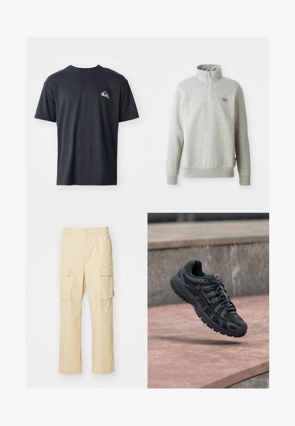 Grauer Pullover-Sweatshirt mit hohem Kragen, Viertelreißverschluss vorne und gerippten Bündchen. Verfügt über ein kleines Logopatch auf der linken Brust.; Schwarzes T-Shirt mit kurzen Ärmeln aus einem glatten Stoff, mit einem kleinen weißen Logo auf der linken Brustseite. Reguläre Passform mit Rundhalsausschnitt.; Beige Cargo-Hosen aus Stoff mit einem elastischen Bund und Knopfverschluss. Verfügt über zwei seitliche Taschen und ein schlichtes Design.; Dunkelgrauer Nike Laufschuh mit Mesh- und Synthetikdesign, schwebt über einer rosa Betonfläche vor grauem Stein-Hintergrund.