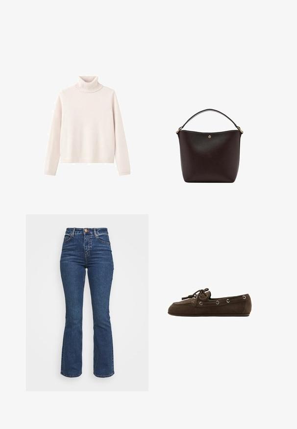 Lyserød turtleneck sweater lavet af blødt strikket stof, har ribbet krave og manchetter, med en afslappet pasform og minimalistisk design.; Højtaljede blå jeans lavet af denim. Flared ben-design med knaplukning og lommer. Har en klassisk vask og syning detaljer.; Mørkebrune ruskindsmoccasiner med sløjfe af snøre og metaløjer, flad sål, set fra siden.; Sort læder bucket-taske med en buet topkant, enkelt kort håndtag og lille guldfarvet knapdetalje på frontens midte.