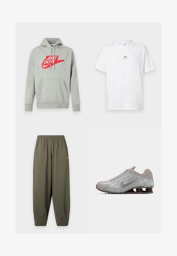 Lysegrå bomulds-hoodie med lomme foran, med stort rødt "JUST DO IT"-logo og Nike Swoosh-grafik på brystet.; Hvid bomulds t-shirt med rund halsudskæring og korte ærmer. Har en lille brun og hvid logo-patch på brystet.; Grågrønne sweatpants med elastisk talje og manchetter. Har minimal branding i matchende tråd på siden. Blød tekstur.; Nike løbesko i lysegrå med en glat tekstur, buet design og synlige støddæmpningsfjeder i mørkebrun ved hælen.