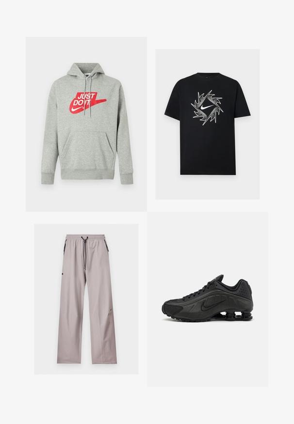 Lichtgrijze katoenen hoodie met een voorzak, voorzien van een grote rode "JUST DO IT"-logo en Nike Swoosh-afbeelding op de borst.; Zwart T-shirt met korte mouwen met een witte Nike-swoosh in het midden, omgeven door een dynamisch stekelig cirkelontwerp.; Lichtgrijze losse broek met elastische tailleband, zwarte verstelbare trekkoord en zijzakken met zwarte ritsdetails.; Zwarte hardloopschoenen met een glad bovenwerk van synthetisch materiaal, geperforeerde accenten, gestructureerde zijpanelen en een opvallende veerkrachtige zool.