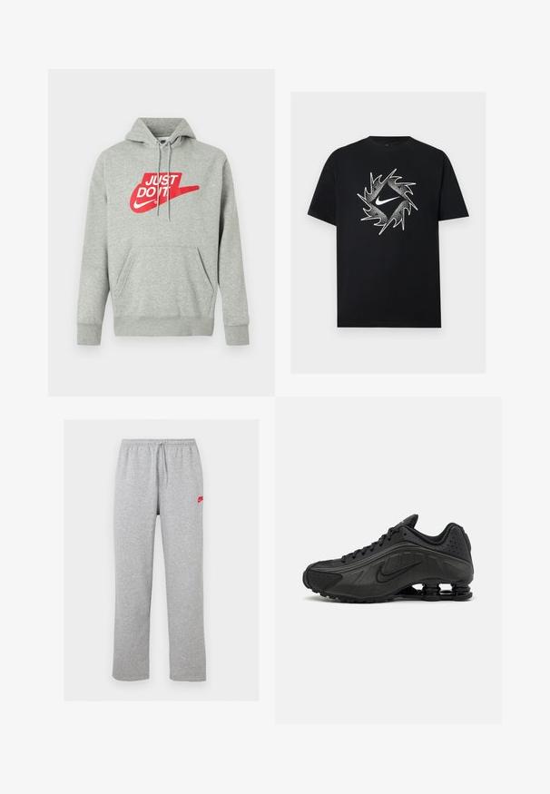 Helehall hall puuvillane kapuutsiga dressipluus esikotiga, millel on suurt punast "JUST DO IT" logo ja Nike Swoosh graafika rinnal.; Must lühikeste varrukatega T-särk, mille keskel on valge Nike kõverjoon, ümbritsetud dünaamilise tippudega ringikujulise disainiga.; Heledat hallid dressipüksid elastsest vööst ja nööristega, väikese punase Nike logoga ülemisel vasakul reiel.; Mustad mustat jooksujalad, millel on sile sünteetiline ülemus, perforatsioonid, tekstureeritud külgpaneelid ja eristuv elastne tall.