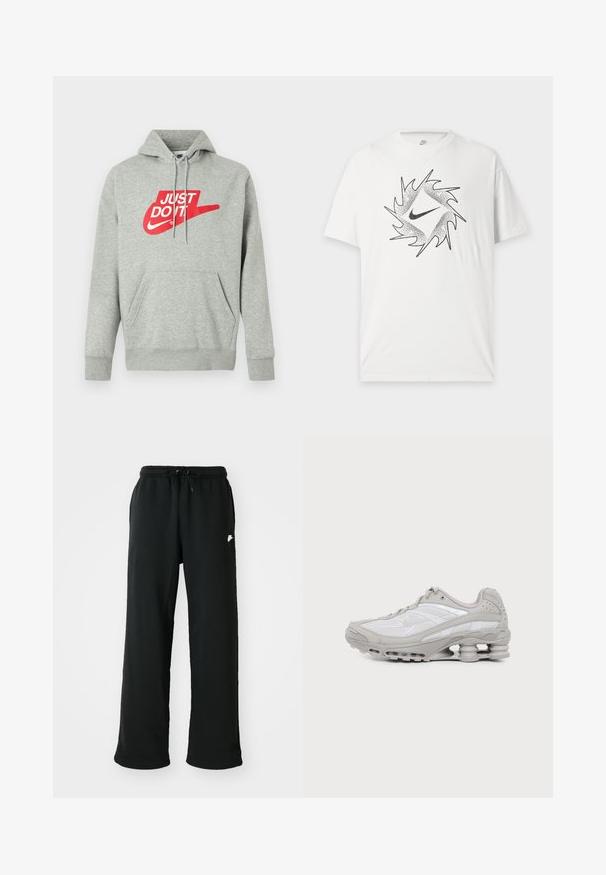 Világosszürke pamut kapucnis pulóver elülső zsebbel, a mellrészen egy nagy piros "JUST DO IT" felirattal és Nike Swoosh grafikával.; Fehér, rövid ujjú Nike póló fekete absztrakt kör alakú mintával és középen elhelyezett Nike swoosh logóval elöl.; Fekete melegítőnadrág, puha anyagból készült, elasztikus derékkal és állítható húzózsinórral, valamint egy kis logós díszítéssel az oldalon.; Szürke és fehér atlétikai sportcipő látható légpárnás talppal és hálós panelek, oldalnézetben egy egyszerű világos háttéren.
