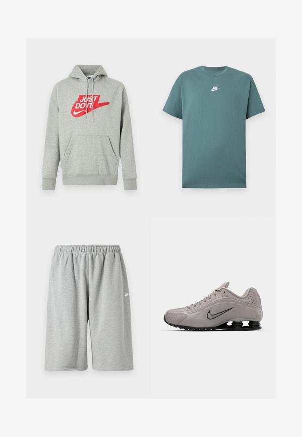 Vaaleanharmaa puuvillahuppari, jossa etutasku ja suuri punainen "JUST DO IT" -logo sekä Nike Swoosh -grafiikka rinnassa.; Vihreä lyhythihainen Nike-tekstiilipaita, jossa valkoinen logo rinnassa keskellä, pyöreä kaula-aukko ja rento istuvuus.; Harmaat puuvillashortsit, joissa on joustava vyötärönauha, väljähkö istuvuus ja pieni valkoinen logohelman lähellä. Sileä pinta, pituus polven yläpuolella.; Vaaleanharmaa urheilukenki, jossa on muotoiltu päällinen, teksturoidut yksityiskohdat, musta pohja ja voimakas Nike-logon swoosh tummanharmaana. Sisältää reikäkohteita.