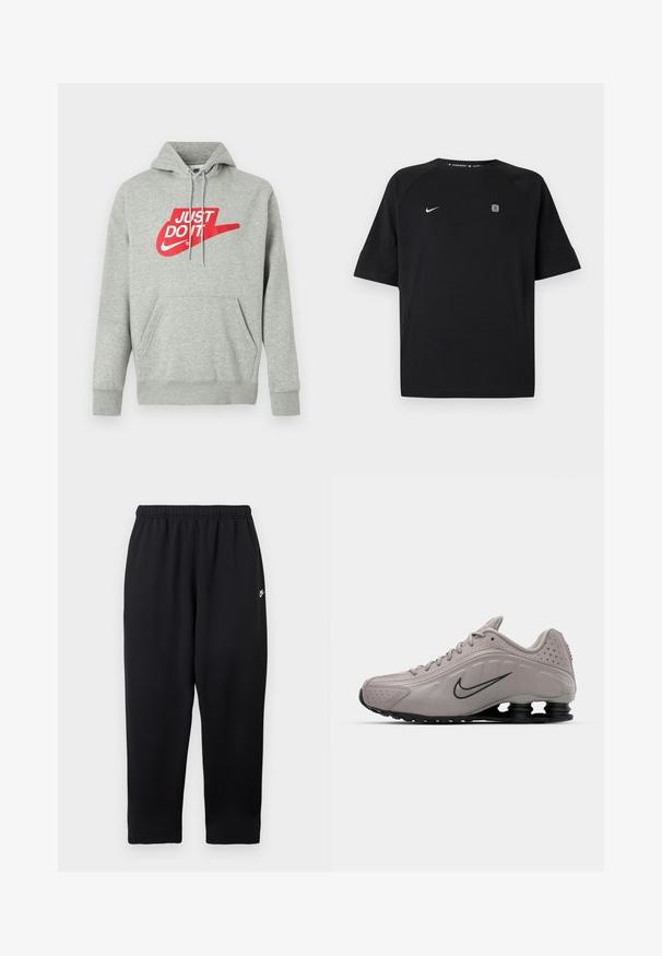 Hellgrauer Baumwoll-Hoodie mit einer Fronttasche, versehen mit einem großen roten "JUST DO IT"-Logo und dem Nike Swoosh-Grafik auf der Brust.; Schwarzes Nike-Sportshirt mit kurzen Ärmeln, weißem Swoosh-Logo auf der linken Brust und kleinem quadratischem Emblem auf der rechten Brust, einfarbiger Hintergrund.; Schwarze Jogginghose mit elastischem Bund, versehen mit einem kleinen weißen Logo auf der linken Seite. Hergestellt aus weichem, leichtem Stoff. Gerade geschnittener Beinverlauf.; Helle graue Sportschuhe mit einem geformten Obermaterial, strukturierten Akzenten, schwarzer Sohle und einem auffälligen Nike-Swoosh in Dunkelgrau. Verfügt über Perforationen.