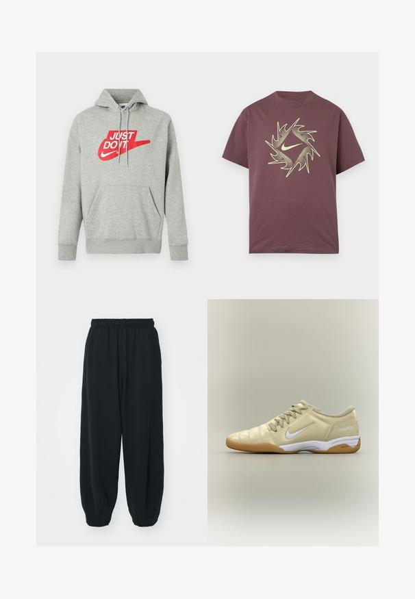 Lichtgrijze katoenen hoodie met een voorzak, voorzien van een grote rode "JUST DO IT"-logo en Nike Swoosh-afbeelding op de borst.; Korte mouw bordeauxrood T-shirt met een neongeel abstract spikkelvormig cirkeldesign en een centraal swoosh-logo op de borst.; Zwarte, elastiche sweatpants met een losse pasvorm, manchetten aan de enkels, een zachte textuur en zonder zichtbare patronen of hardwareaccenten.; Beige zaalvoetbalschoen met witte Nike swoosh, gumzool, veters en "total90 III" tekst op de hiel, van opzij getoond.