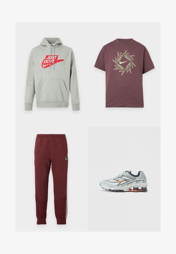 Helehall hall puuvillane kapuutsiga dressipluus esikotiga, millel on suurt punast "JUST DO IT" logo ja Nike Swoosh graafika rinnal.; Lühikeste varrukatega marsala värvi T-särk neoonkollase abstraktse torkiva ringikujulise mustri ja keskel rinnal olevaga Swoosh-logo.; Bordoo dressipüksid kuusnurkse Nike logoga, elastse vöökohtaga, kahe külgtaskuga ja valgete külgtriipudega. Struktuurne kangas ja kitsenev jalgade disain.; Helehall jooksujalats mustade aksentide, oranži logoga, võrkkattega pealosa, pehmendatud krae ja kummist tallaga, millel on nähtavad lööke neelavad elemendid.