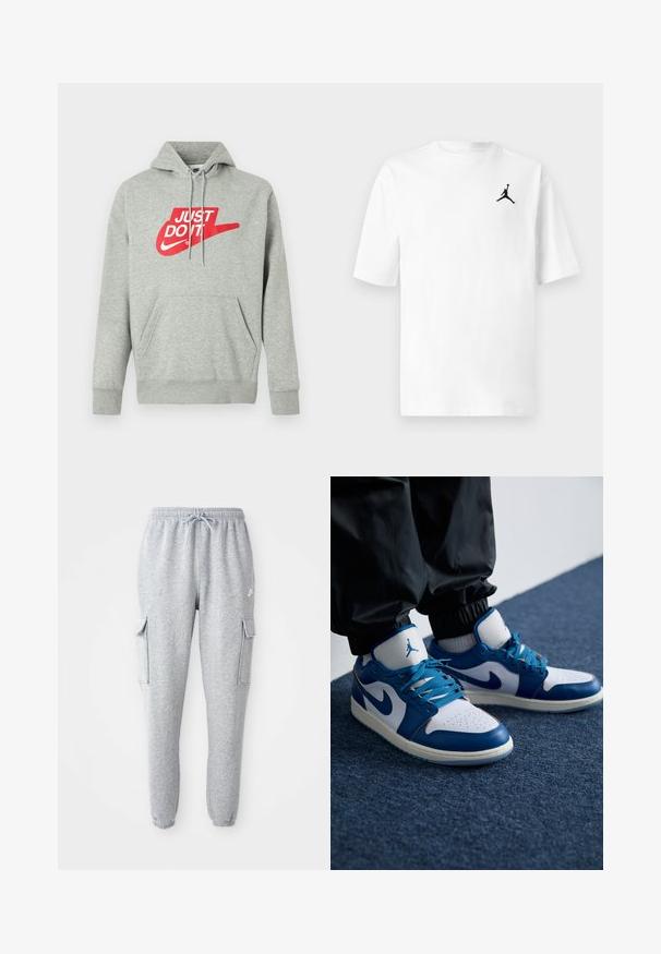Svetlosivé bavlnené mikina s kapucňou s predným vreckom, na hrudi s veľkým červeným nápisom "JUST DO IT" a grafikou loga Nike Swoosh.; Biele bavlnené tričko s okrúhlym výstrihom a krátkymi rukávmi. Na ľavej strane hrudníka je malý čierny znak Jordan.; Sivé tepláky vyrobené z jemného materiálu, s elastickým pásom so šnúrkou, dvomi bočnými cargo vreckami a zúženými manžetami.; Nike Air Jordan tenisky majú bielu koženú základňu s modrými syntetickými akcentmi, perforovanou špičkou a modrými šnúrkami.