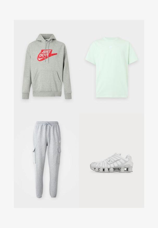 Hellgrauer Baumwoll-Hoodie mit einer Fronttasche, versehen mit einem großen roten "JUST DO IT"-Logo und dem Nike Swoosh-Grafik auf der Brust.; Hellgrünes Nike-T-Shirt mit kurzen Ärmeln, Rundhalsausschnitt und kleinem weißen Logo mittig auf der Brust vor einfarbigem Hintergrund.; Graue Sweatpants aus weichem Material, mit elastischem Bund und Kordelzug, zwei seitlichen Cargo-Taschen und schmal zulaufenden Bündchen.; Weißer Nike Laufschuh mit sichtbarer luftgepolsterter Sohle und silbernem Swoosh-Logo an der Seite, von der Außenseite gezeigt.