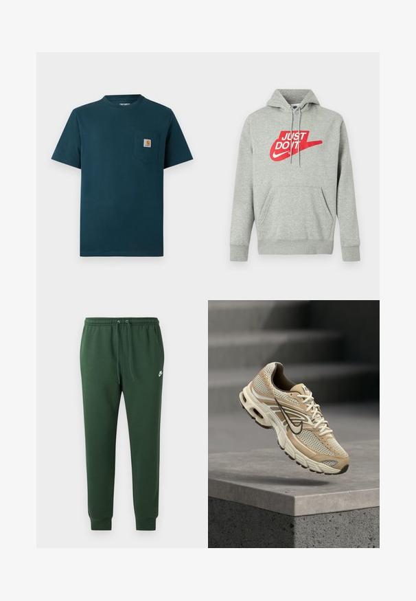 Lichtgrijze katoenen hoodie met een voorzak, voorzien van een grote rode "JUST DO IT"-logo en Nike Swoosh-afbeelding op de borst.; Donkerblauwe T-shirt met korte mouwen en ronde hals, voorzien van een borstzakje met een klein Carhartt-logo patch.; Donkergroene Nike joggingbroek met elastische tailleband, trekkoord, geribde enkels en klein wit Nike-logo op de linker dij.; Beige en witte Nike hardloopschoen met mesh panelen en zwarte Swoosh, zwevend boven een betonnen richel met wazige trappen op de achtergrond.