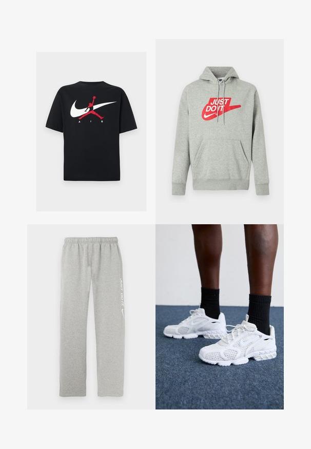Sweat à capuche en coton gris clair avec une poche avant, arborant un grand logo rouge "JUST DO IT" et un graphisme Nike Swoosh sur la poitrine.; T-shirt en coton noir à col rond, avec un grand logo Nike swoosh blanc et un logo Jumpman rouge accompagné du texte "AIR" en blanc.; Pantalon de survêtement gris en matériau doux avec une taille élastique. Présente un texte blanc "JUST DO IT" et le logo Nike swoosh sur une jambe.; Baskets de sport blanches avec dessus en maille, accents texturés et semelle rembourrée. Associées à des chaussettes côtelées noires sur une surface en moquette bleue.