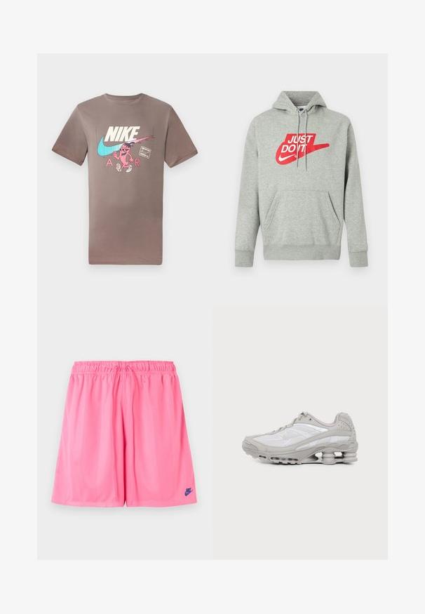 Sudadera con capucha de algodón gris claro con un bolsillo frontal, que presenta un gran logo rojo "JUST DO IT" y el gráfico del Swoosh de Nike en el pecho.; Camiseta de algodón marrón con un gráfico colorido de un personaje con gafas de sol, junto a los logos de Nike y Air en colores contrastantes.; Pantalones cortos deportivos rosas con cinturilla elástica y un pequeño logo de Nike en azul oscuro en la parte inferior de la pierna izquierda.; Zapatilla deportiva gris y blanca con suela visible de amortiguación de aire y paneles de malla, mostrada de perfil sobre un fondo claro y sencillo.