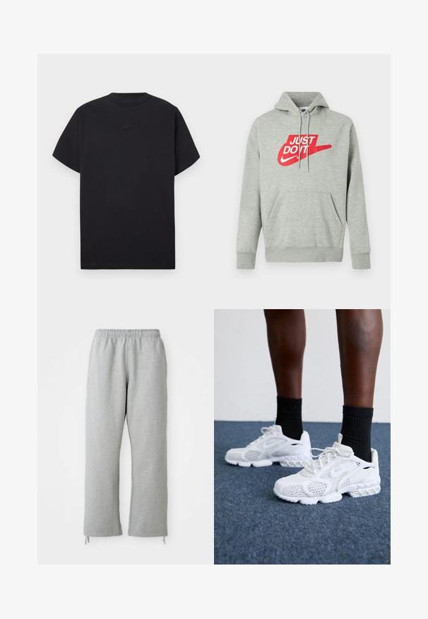 Lichtgrijze katoenen hoodie met een voorzak, voorzien van een grote rode "JUST DO IT"-logo en Nike Swoosh-afbeelding op de borst.; Zwart Nike-t-shirt met korte mouwen, ronde hals en klein zwart Nike-logo midden op de borst.; Grijze sweatpants met een elastische tailleband, rechte pijpen en trekkoordaccenten aan de zoom. Gemaakt van zachte, gestructureerde stof.; Witte sportieve schoenen met een bovenkant van mesh, gemêleerde accenten en een gevoerde zool. Samengesteld met zwarte geribde enkelsokken op een blauwe tapijtvloer.