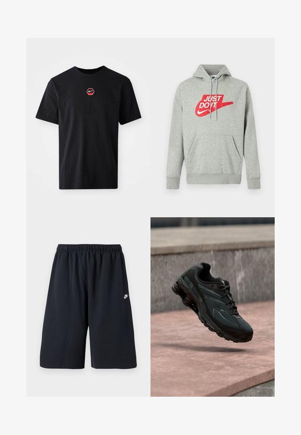 Lysegrå bomulds-hoodie med lomme foran, med stort rødt "JUST DO IT"-logo og Nike Swoosh-grafik på brystet.; Sort kortærmet T-shirt i bomuld med et sekskantet rødt og hvidt Nike-logo på brystet og en rund halsudskæring.; Sorte atletikshorts med elastisk linning, glat tekstur og et lille hvidt Nike-logo på venstre ben. Standardlængde.; Sort atletisk sneaker med synligt luftdæmpende mellemsål, der svæver over en pink stenoverflade med en grå stenvæg i baggrunden.