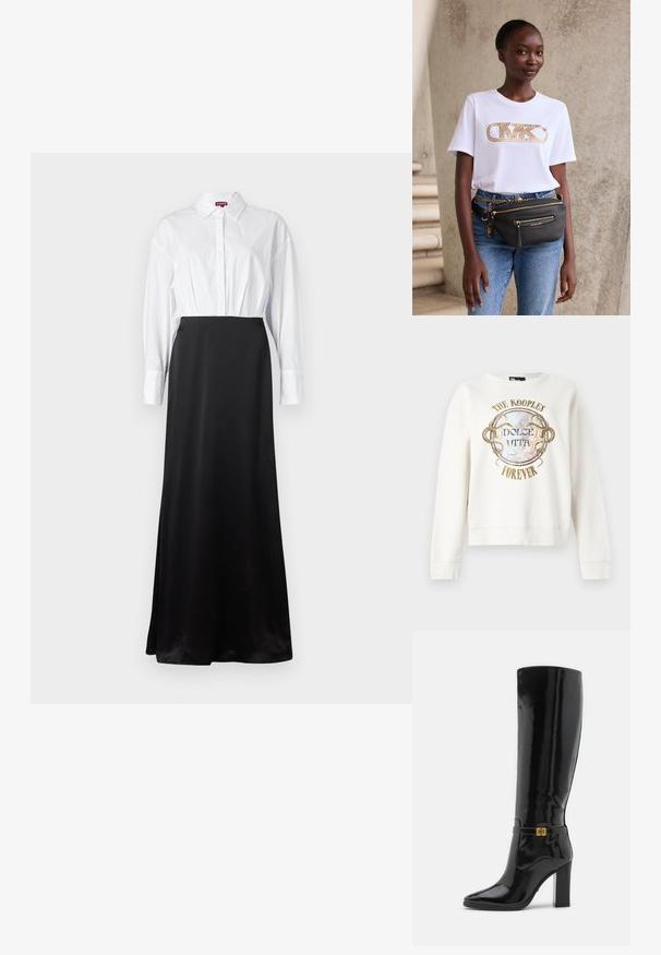 Witte lange mouwen sweater met de tekst "The Kooples Forever" en "Dolce Vita" rondom een cirkelvormig ontwerp in vintage stijl met verstrengelde slangen.; Witte blouse met lange mouwen gecombineerd met een zwarte satijnen maxi-rok, wat een tweekleurig, gelaagd ontwerp creëert.; Zwarte laarzen van patentenleer tot aan de knie met een puntige neus, gouden hardware accenten en een chunky hak. Glad, glanzend oppervlak met minimale details.; Vrouw draagt wit logo t-shirt, blauwe spijkerbroek en zwarte Michael Kors heuptas met gouden ritsen en kettingdetails, staand bij een beige muur.