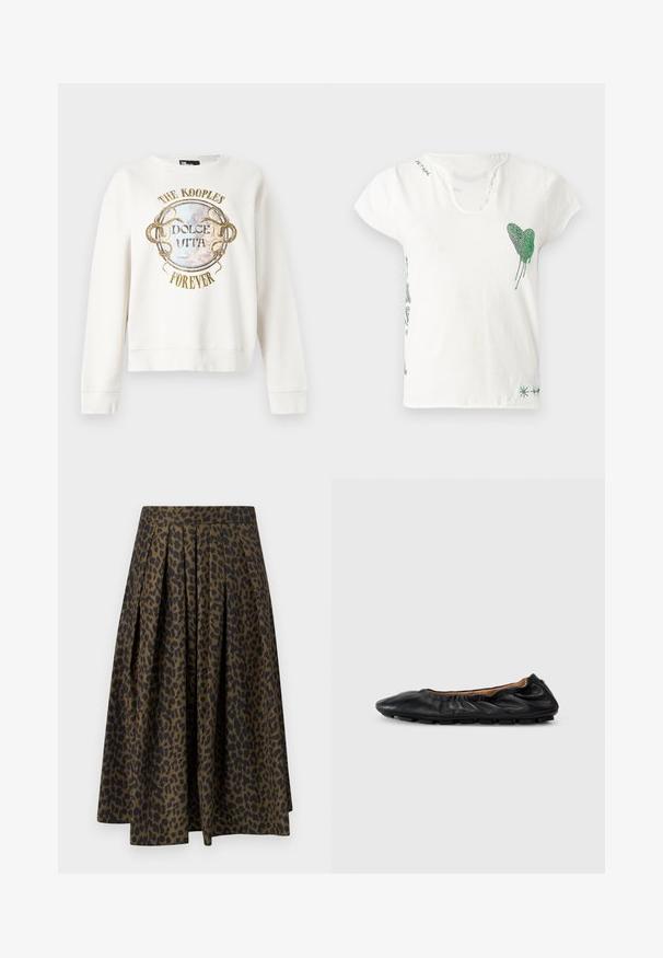 Biela dlhoprstá mikina s textom "The Kooples Forever" a "Dolce Vita" okolo kruhového vintage motívu so spletenými hadmi.; Biele bavlnené tričko s výstrihom dookola, krátkymi rukávmi a zeleným kryštálovým srdcom na ľavej strane hrudníka. Má dekoratívne zelené doplnky.; Zelená a čierna leopardia potlač na plisovaná midi sukňa s vysokým pásom a líniou Á-čka.; Čierne kožené baletky s nariasením na golieri, okrúhlym špičkou a flexibilnou gumovou podrážkou. Hladký povrch po celom obvode.