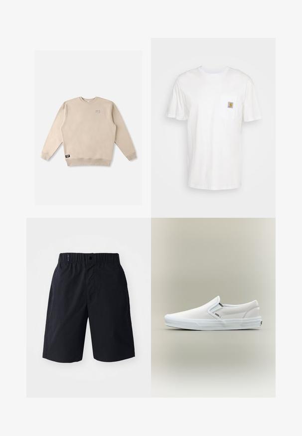 Sudadera beige con cuello redondo hecha de tela suave, con un pequeño parche de logo en el pecho y una etiqueta de la marca en el dobladillo inferior.; Camiseta de algodón blanca con mangas cortas, un bolsillo en el pecho y un pequeño parche cuadrado de logo en naranja y blanco en el bolsillo.; Pantalones cortos negros hechos de tejido ligero, con un frente plano, cintura elástica y bolsillos laterales. Diseño simple sin patrones.; Zapatilla blanca Vans sin cordones con suela de goma y detalles elásticos en los laterales, mostrada sobre un fondo liso.