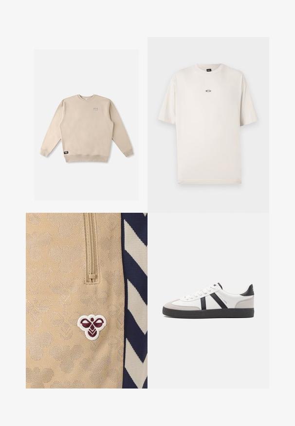 Sweat-shirt beige à col rond en tissu doux, avec un petit écusson logo sur la poitrine et une étiquette de marque sur l'ourlet inférieur.; Oakley RISE TEE - T-shirt basique - mist; Tissu beige avec un logo d'abeille brodé en bordeaux et blanc, avec une fermeture éclair au-dessus et un motif chevron bleu marine et blanc sur le côté.; Baskets blanches avec des accents noirs et gris, présentant un embout texturé gris, une semelle en caoutchouc noir et des lacets plats blancs. Design épuré, style minimaliste.