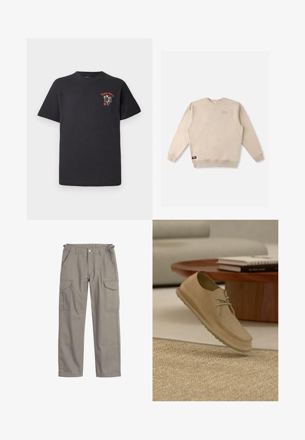 Beiger Pullover mit Rundhalsausschnitt aus weichem Stoff, mit einem kleinen Logopatch auf der Brust und einem Markenetikett am unteren Saum.; Schwarzes Baumwoll-T-Shirt mit rundem Ausschnitt, kurzen Ärmeln und einem grafischen Design eines Hundegesichts mit roten Akzenten auf der Brust.; Cargo-Hosen aus hellgrauem Stoff, mit zwei großen Seitentaschen, Fronttaschen, einem Knopfverschluss und lockerer Passform.; Beiger Wildleder-Casual-Schnürschuh schwebt über einem strukturierten Teppich in einem modernen Wohnzimmer mit einem Holzcouchtisch und Büchern.