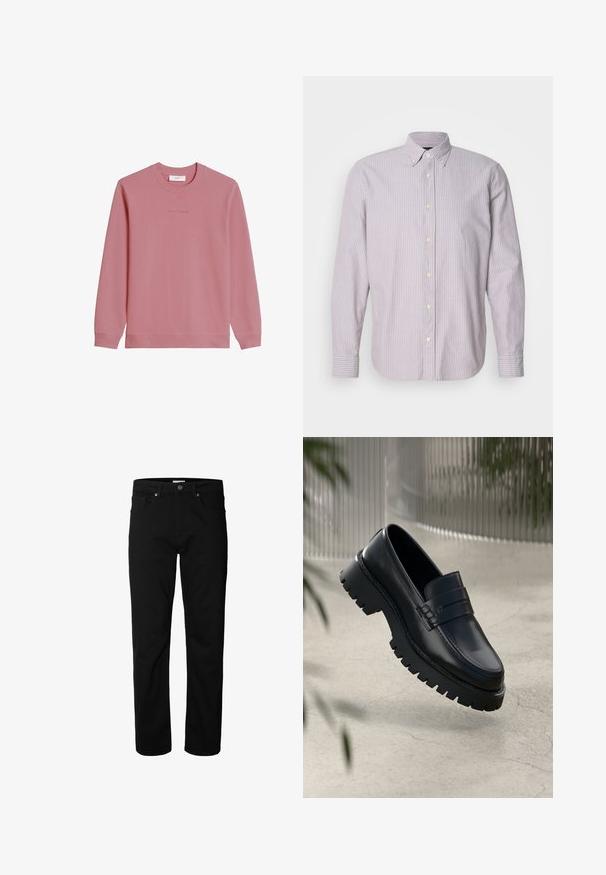 Pikemate varrukatega roosaka tooniga pusa, millel on soonikkoes mansetid ja alumine äär; rinnal on peen "Marc O'Polo DENIM" logo.; Helevalge ja helesinise triibulise särgi, puuvillane kangas, pikad varrukad ja nööbid alla, kollased nööbid ja küljeavad.; Mustad sirgete säärega teksapüksid nööp- ja lukukinnitusega, vööaasade ja esikülje ning tagataskutega, esitatud ühevärvilise valge taustaga.; Mustad nahkseid loafereid paksu tallaga, kaunistatud rihma ja õmbluse detailidega. Siledat tekstuuri kaunistab läikiv viimistlus.